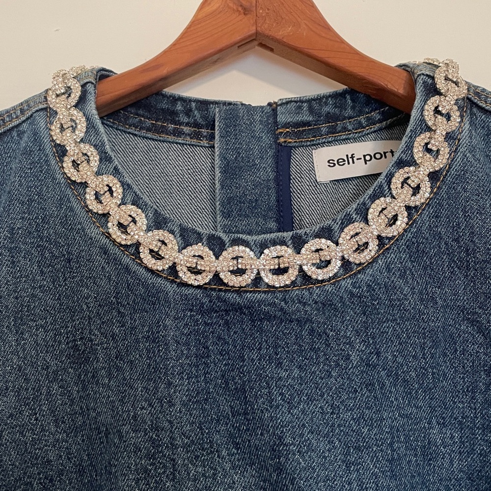 New Self Portrait Denim Crystal Trim Mini Dress size 4 - Picture 4 of 13